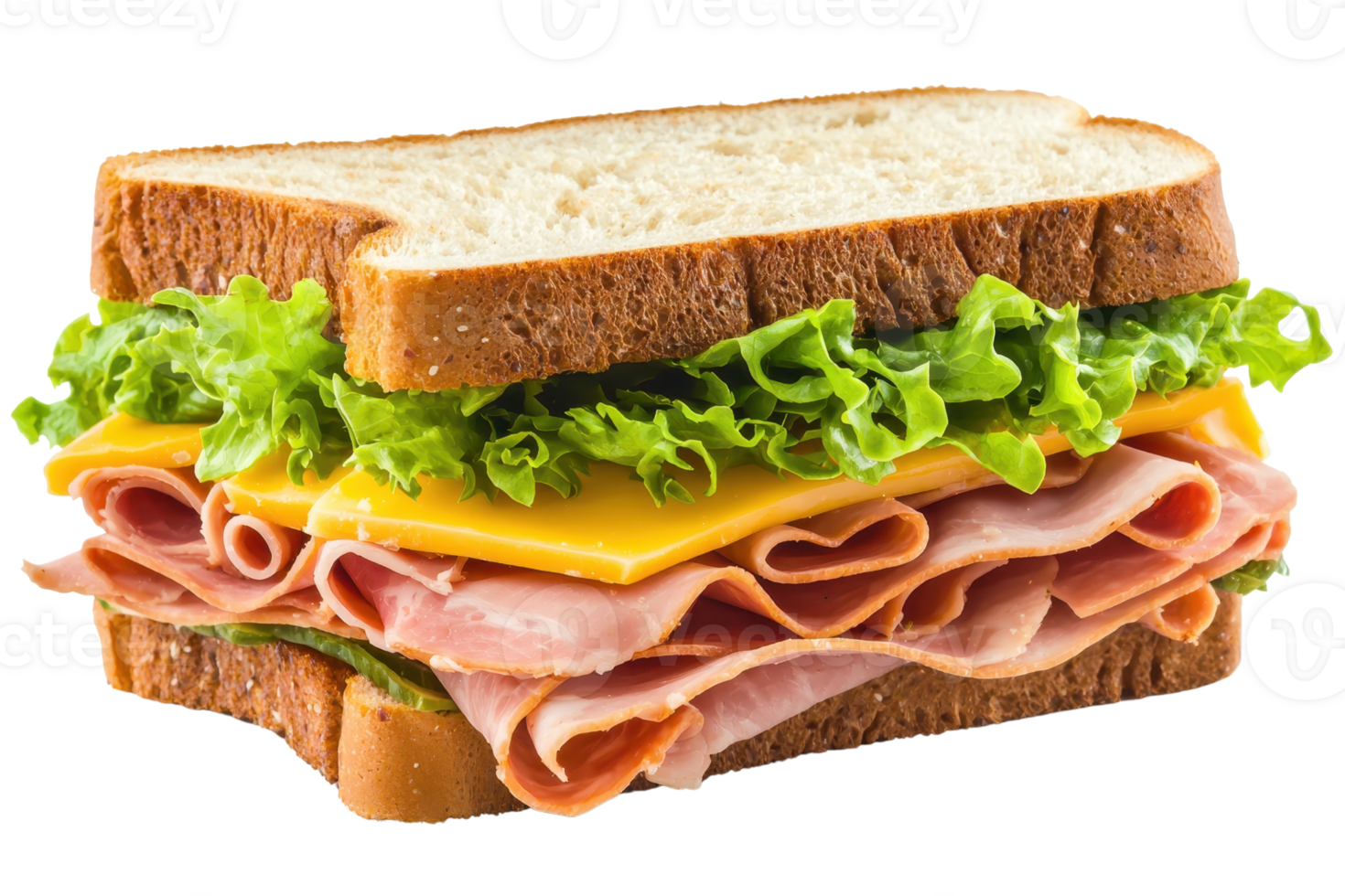 A delicious sandwich filled with layers of ham, cheese, and fresh lettuce, all nestled between two slices of bread. png