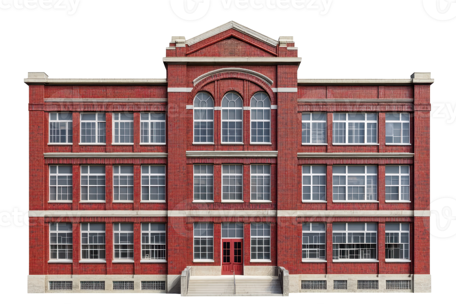 A red brick building with large windows, an arched entrance, and a classical architectural design. png
