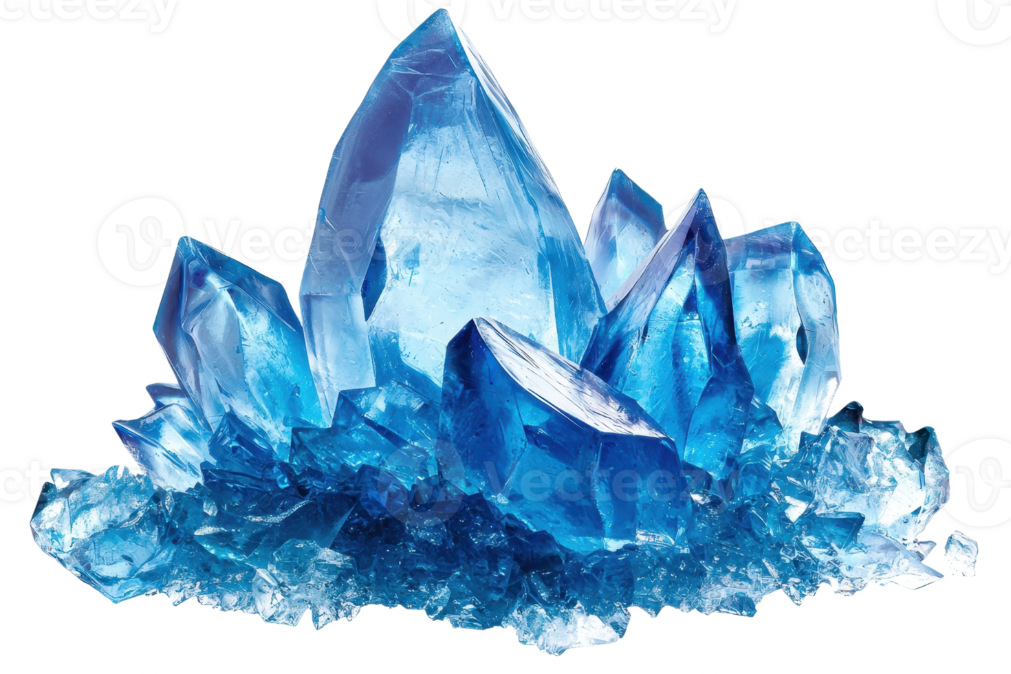 A cluster of shimmering blue crystals with sharp edges and varying sizes, creating an enchanting and vibrant display. png