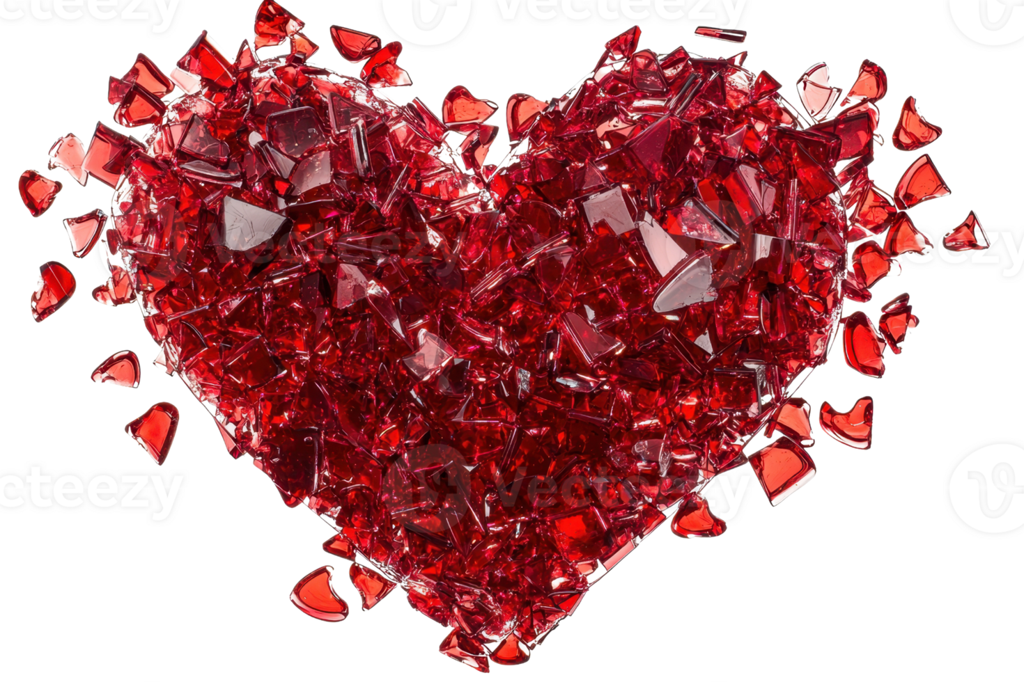 A heart shape composed of fragmented red glass shards, symbolizing love and emotion. png