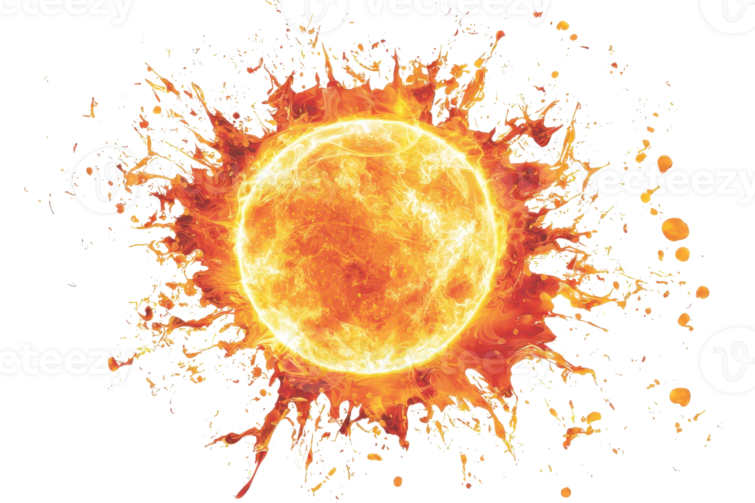 A fiery sun with vibrant orange and yellow splashes, radiating energy and warmth, capturing the essence of a celestial body. png