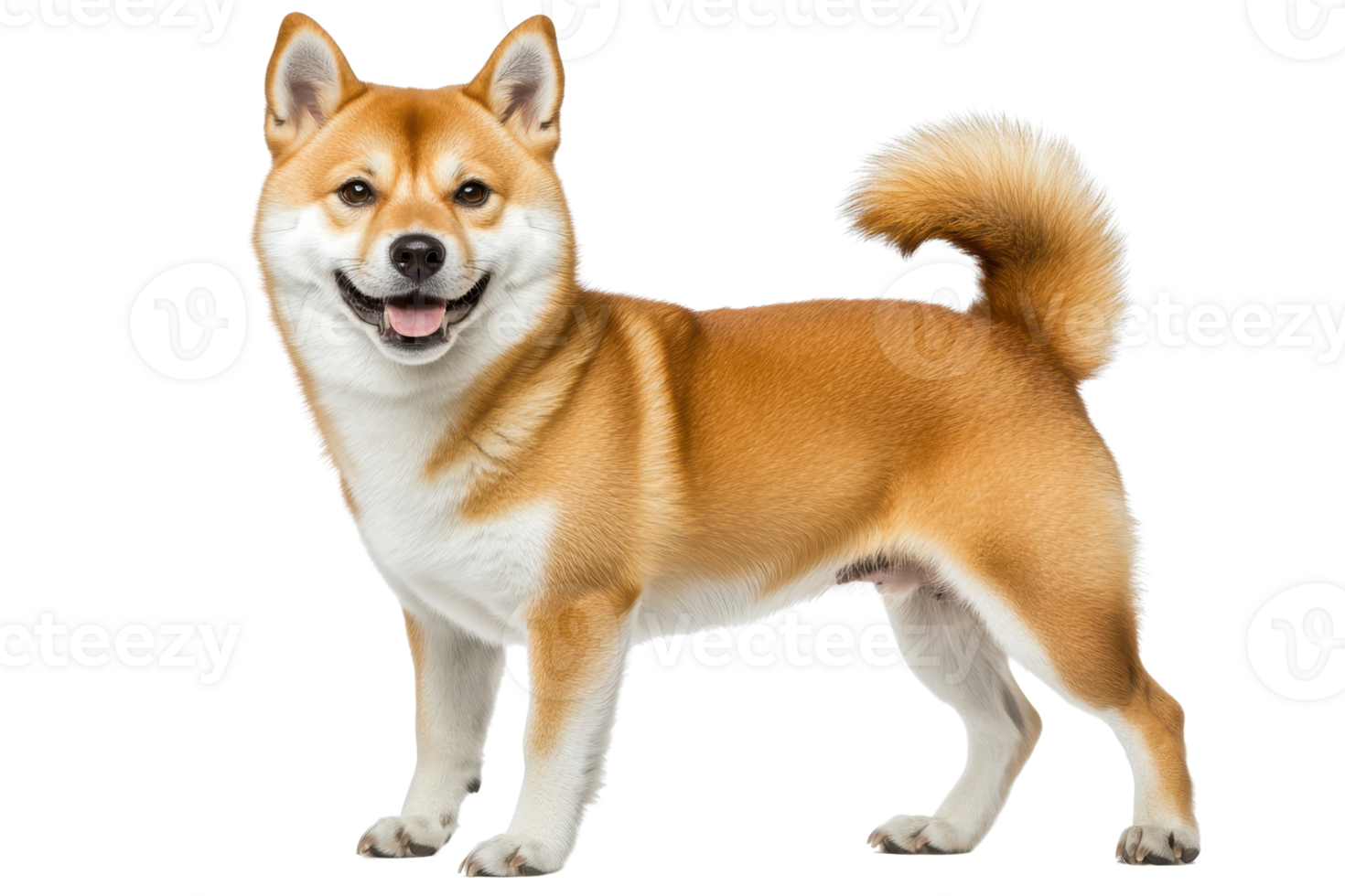 A cheerful Shiba Inu stands confidently, showcasing its distinctive coat and playful demeanor. png