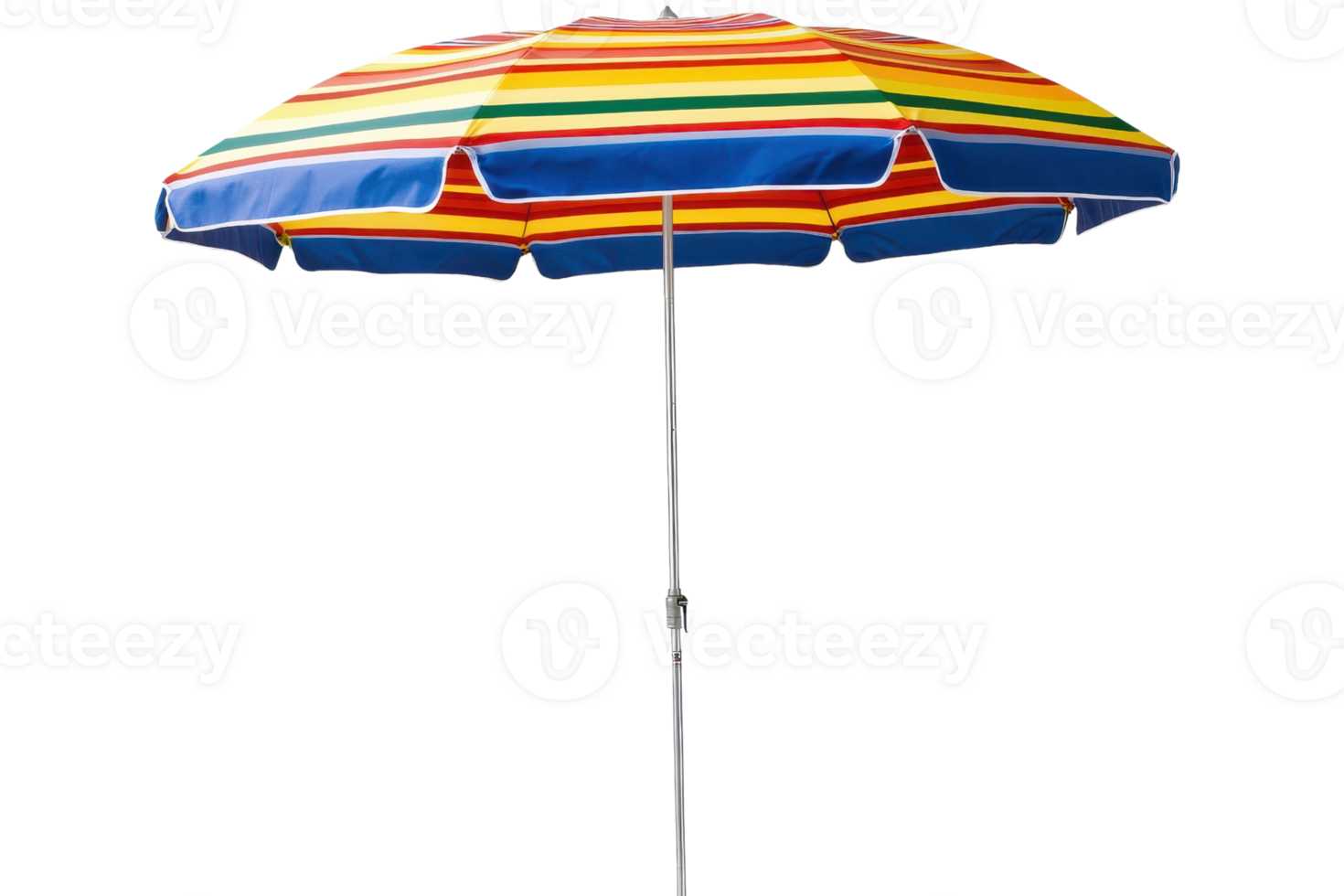 A colorful beach umbrella with horizontal stripes providing shade and protection from the sun. png