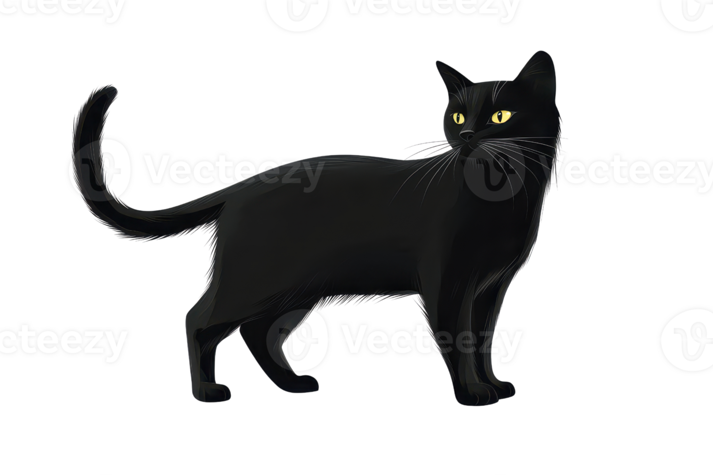 A sleek black cat with striking yellow eyes, poised and alert, showcasing its graceful form and attentive demeanor. png