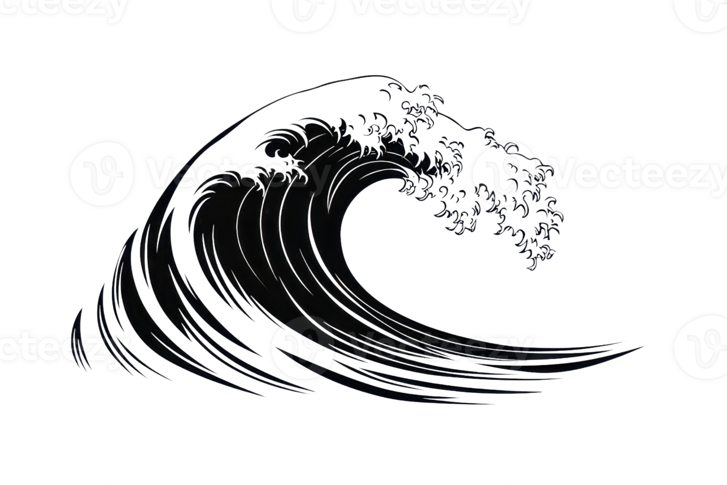 A stylized wave with intricate details, showcasing rolling curves and a crest adorned with foliage. png