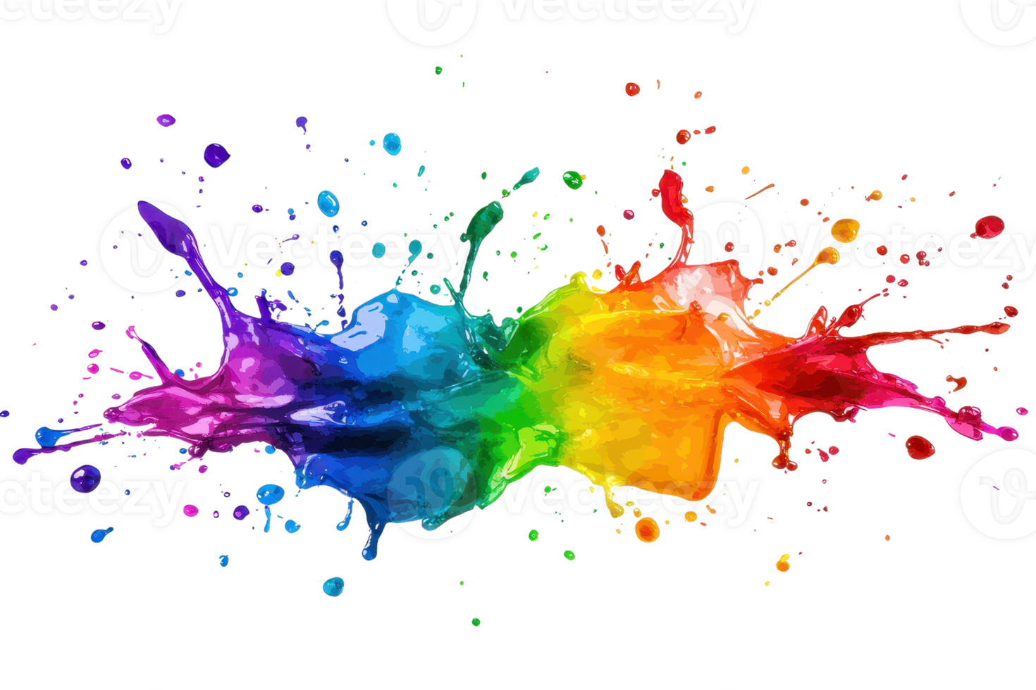 A vibrant splash of rainbow-colored paint with dynamic splatters, showcasing a blend of colors in a fluid and energetic form. png