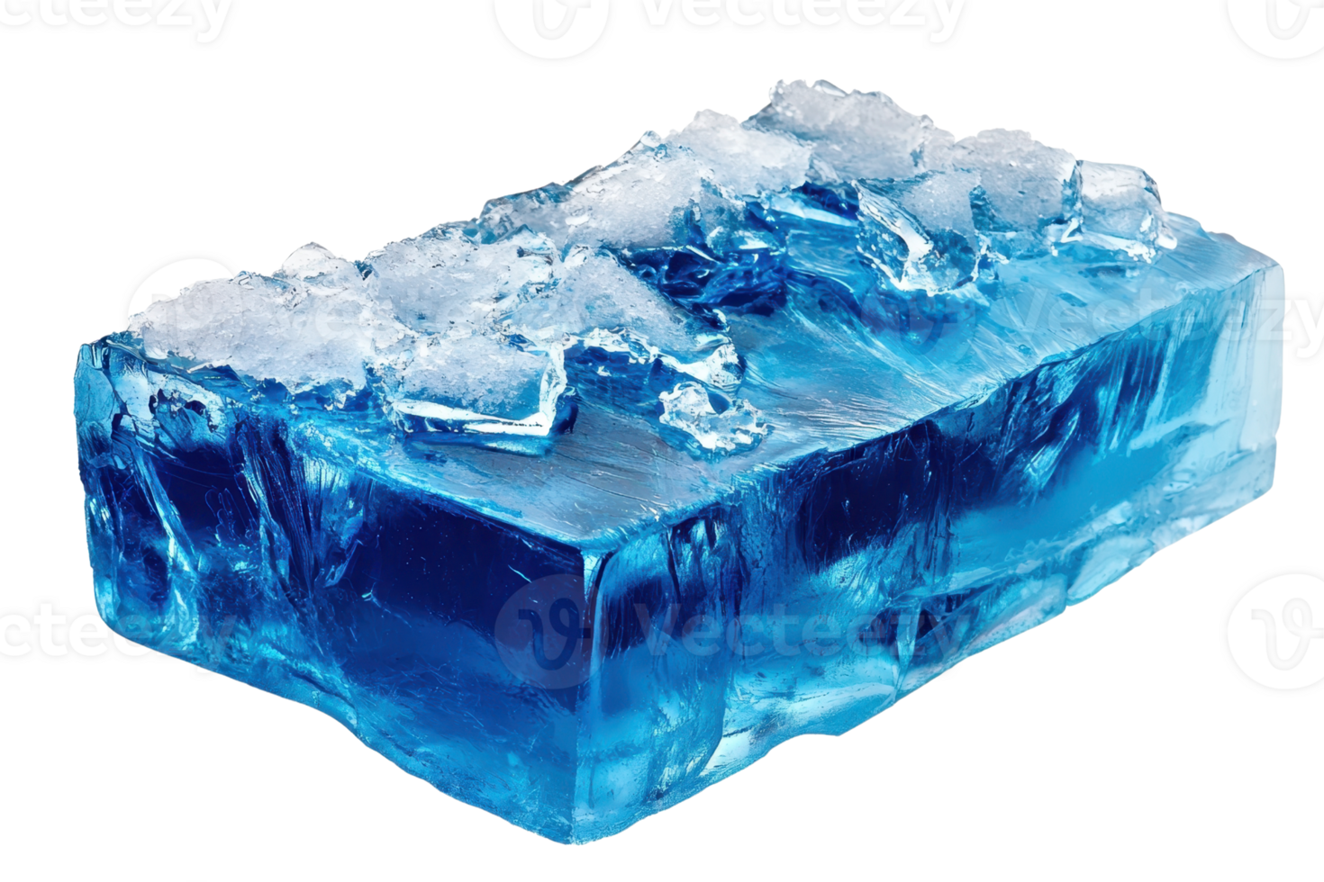 A shimmering blue ice block with crystalline formations on top, showcasing vibrant hues and intricate textures. png