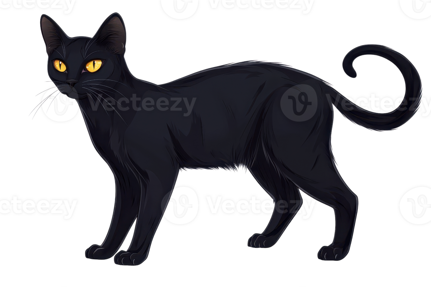 A sleek black cat with striking yellow eyes stands poised, showcasing its elegant form and attentive posture. png