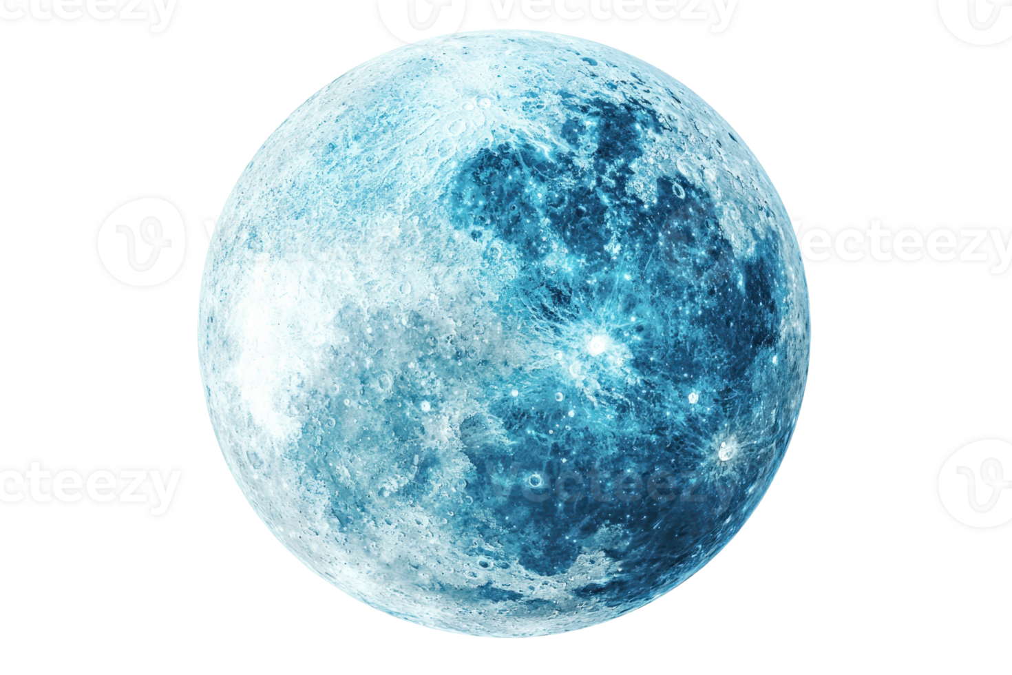 A luminous blue moon with visible craters and textures, presenting a celestial and ethereal appearance. png