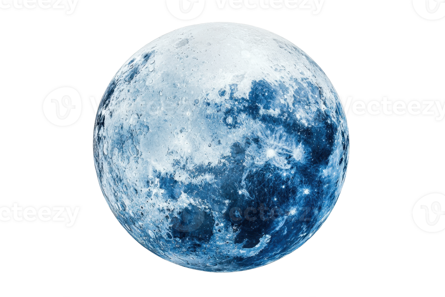 A detailed view of the moon showcasing its cratered surface and serene glow in a striking blue hue. png