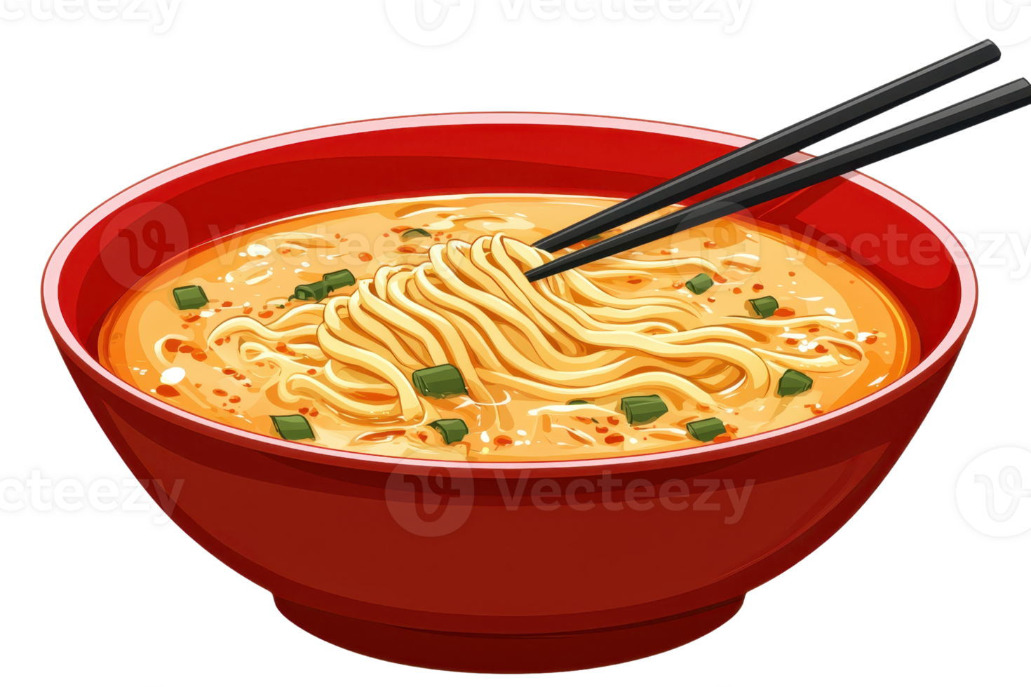 A vibrant bowl of noodles topped with green onions and served with chopsticks, showcasing a rich, flavorful broth. png