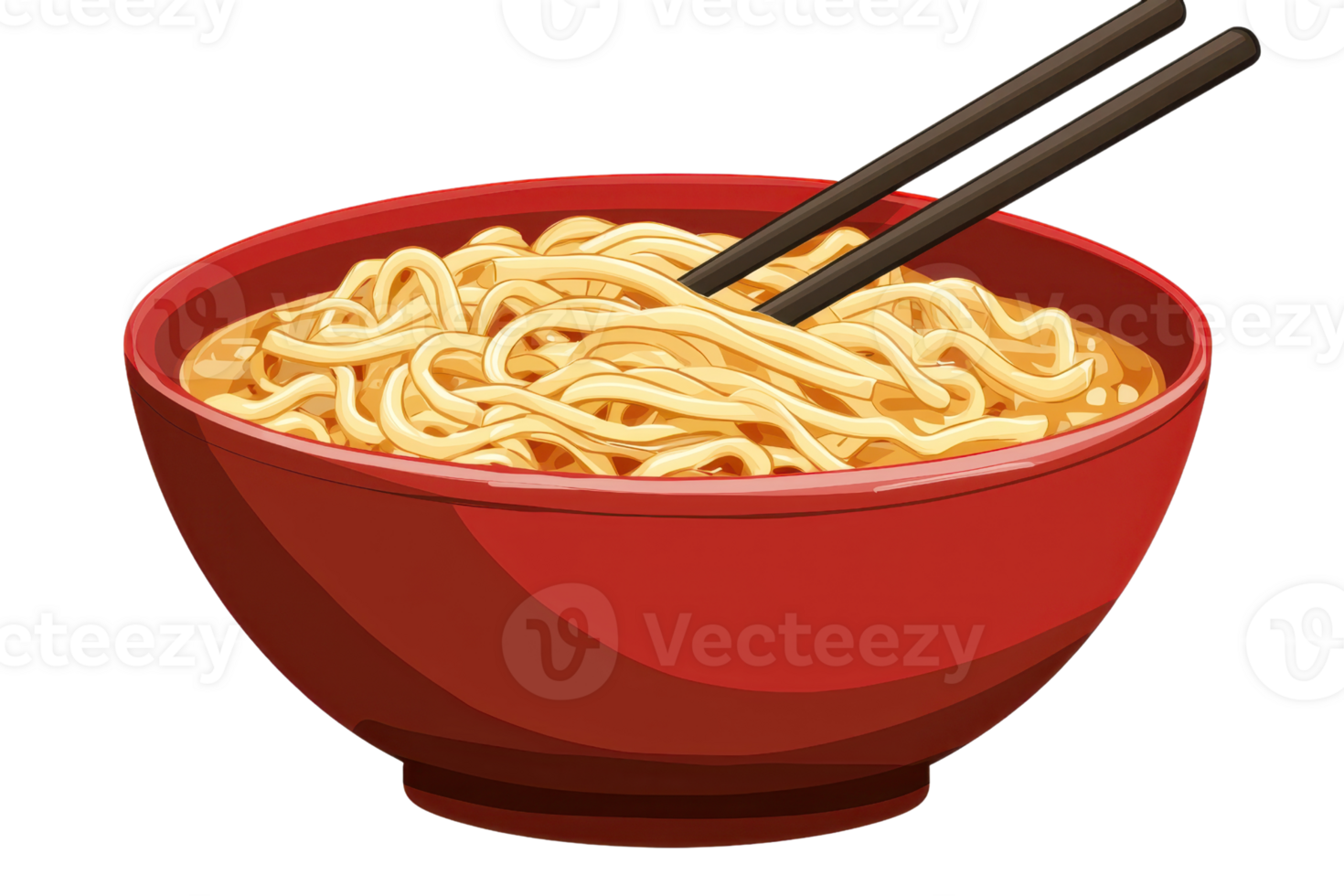 A vibrant red bowl filled with golden noodles, elegantly held with chopsticks, showcasing a delicious and inviting meal. png