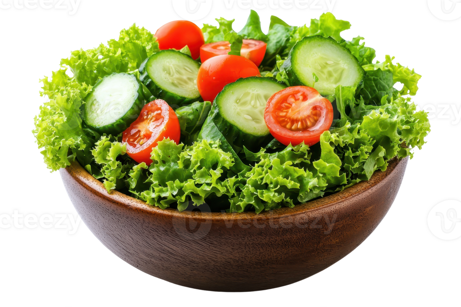 A vibrant salad with fresh lettuce, cucumber slices, and cherry tomatoes in a wooden bowl. png