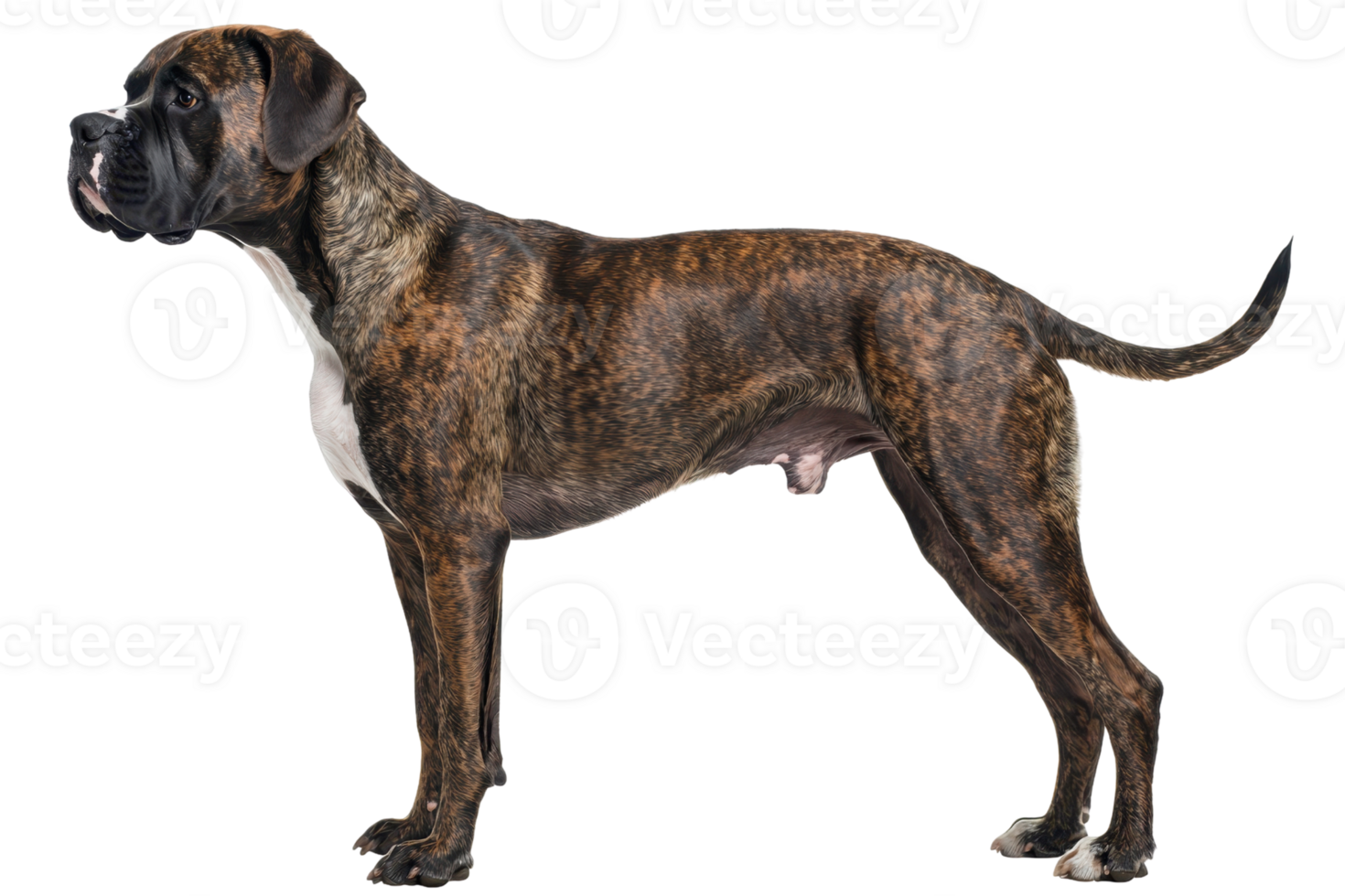 A muscular dog with a brindle coat stands alert, showcasing its strong physique and attentive expression. png