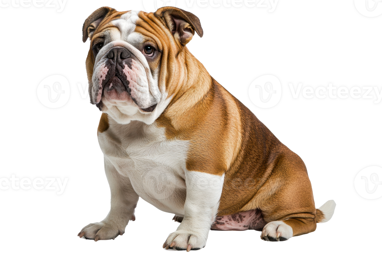 A Bulldog sitting proudly, showcasing its muscular build, distinctive wrinkled face, and unique coat pattern. png