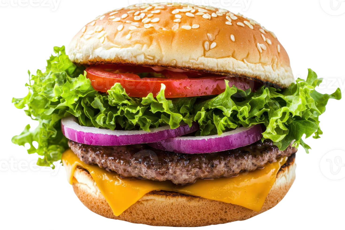 A delicious hamburger featuring a sesame seed bun, juicy beef patty, melted cheese, fresh lettuce, tomato, and onion. png