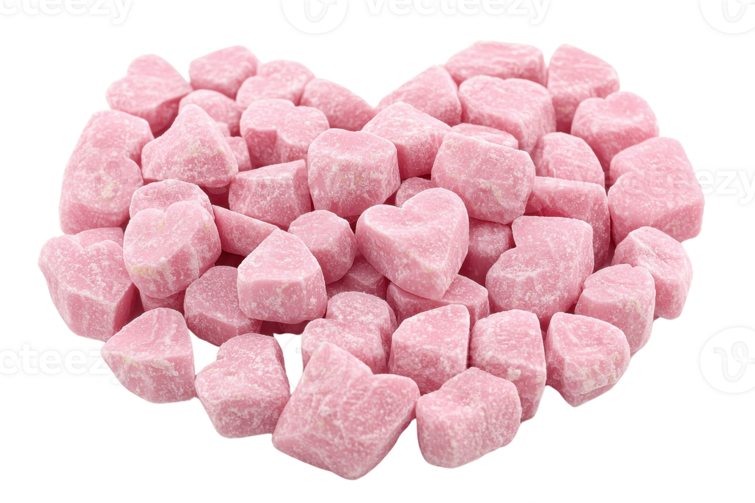A collection of pink, heart-shaped candies arranged in a heart formation. png