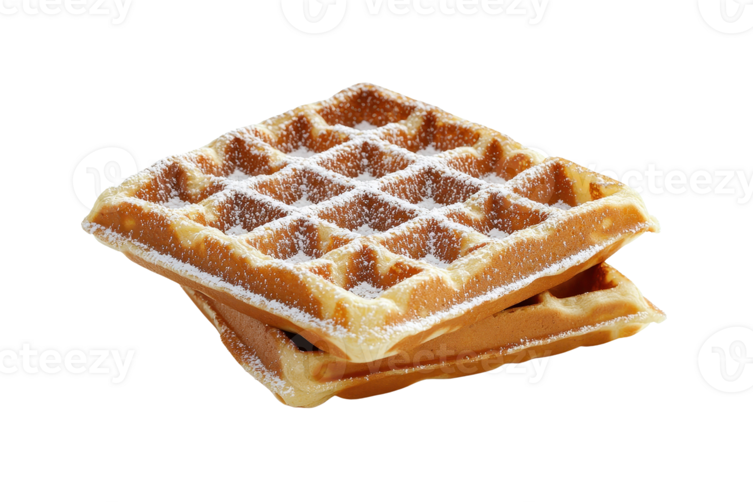 A stack of golden-brown waffles dusted with powdered sugar. png