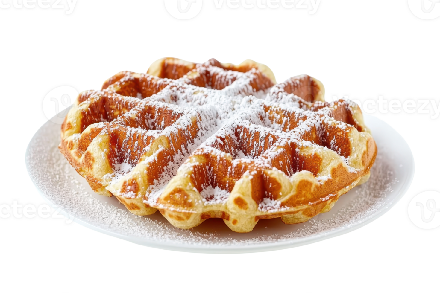 A golden-brown waffle topped with powdered sugar, served on a white plate. png