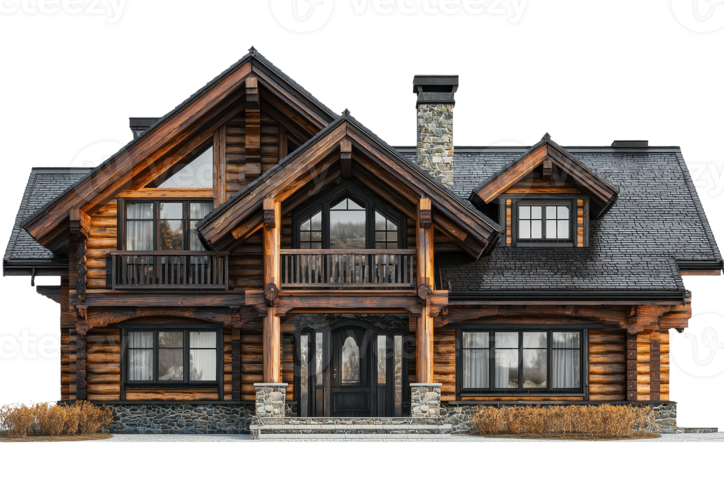 A beautifully designed wooden house featuring a rustic aesthetic with a large porch and multiple gabled roofs. png