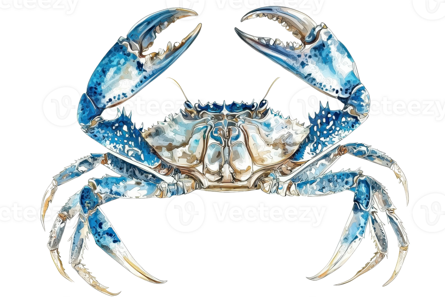 A large blue crab with prominent claws and a textured shell, showcasing its intricate patterns and colors. png