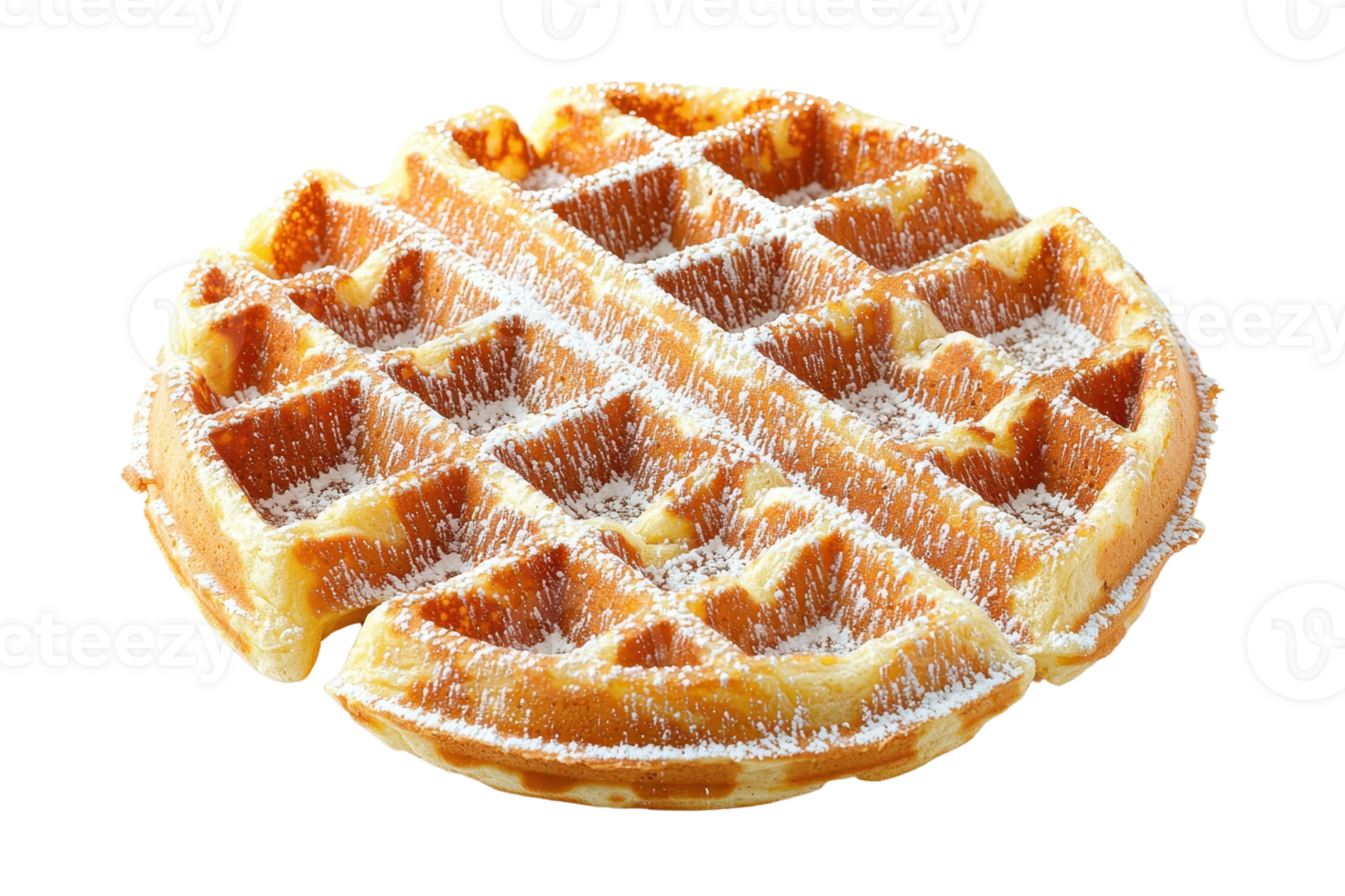 A golden-brown waffle dusted with powdered sugar, featuring a classic grid pattern with deep pockets for syrup. png