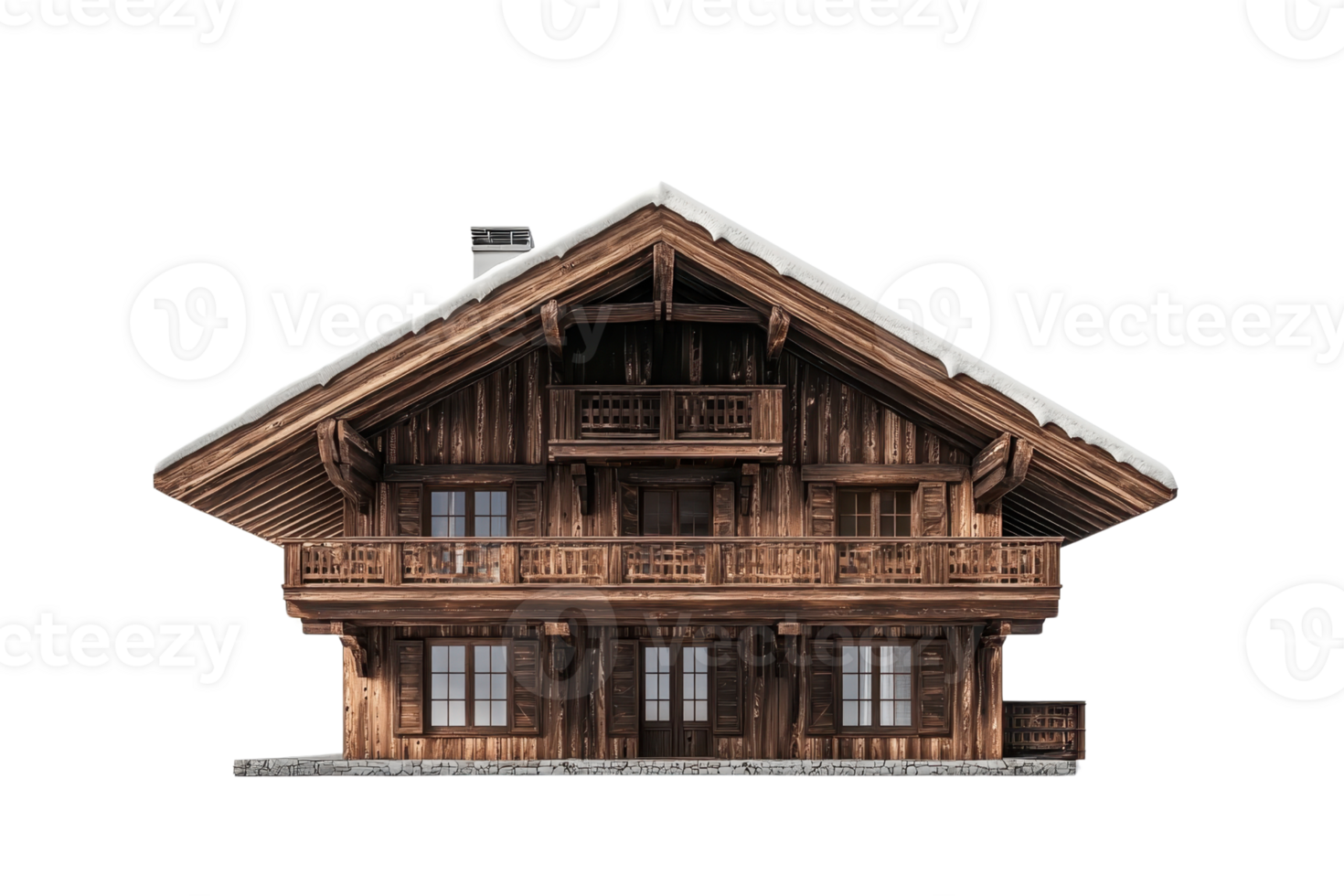 A rustic wooden chalet with a sloped roof, balconies, and large windows, showcasing traditional architectural design. png