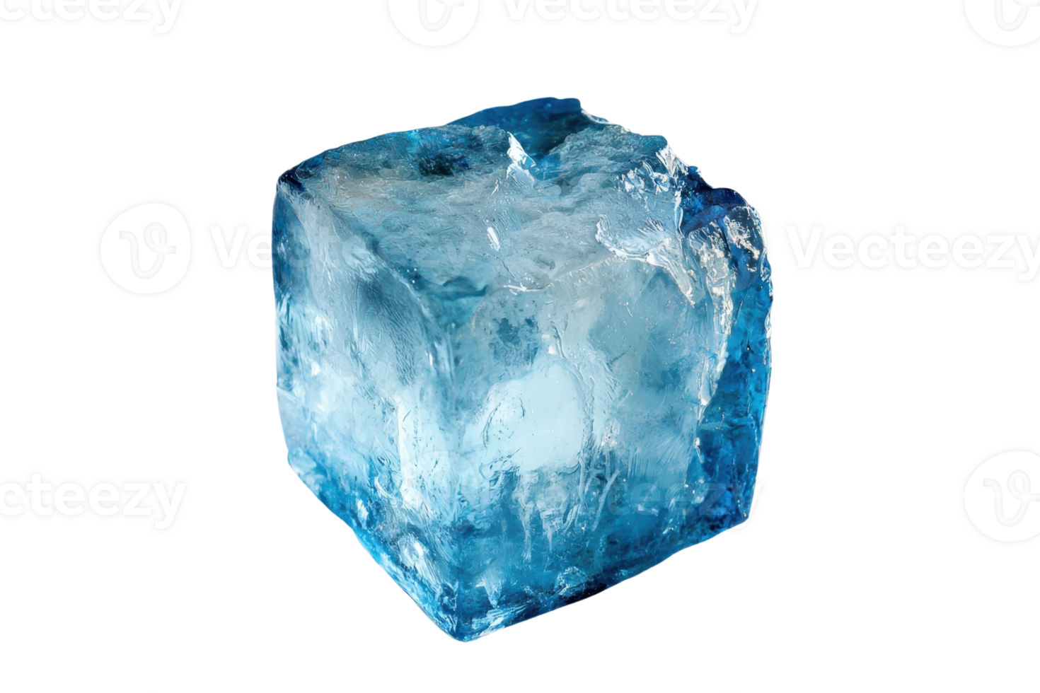A clear blue ice cube with textured surfaces and a crystalline appearance. png