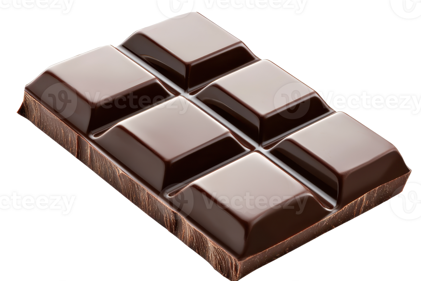 A rich, dark chocolate bar divided into squares, showcasing its smooth texture and glossy surface. png