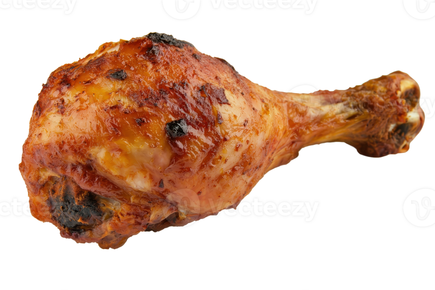 A golden-brown, roasted chicken drumstick showcasing a crispy, charred exterior and juicy meat. png