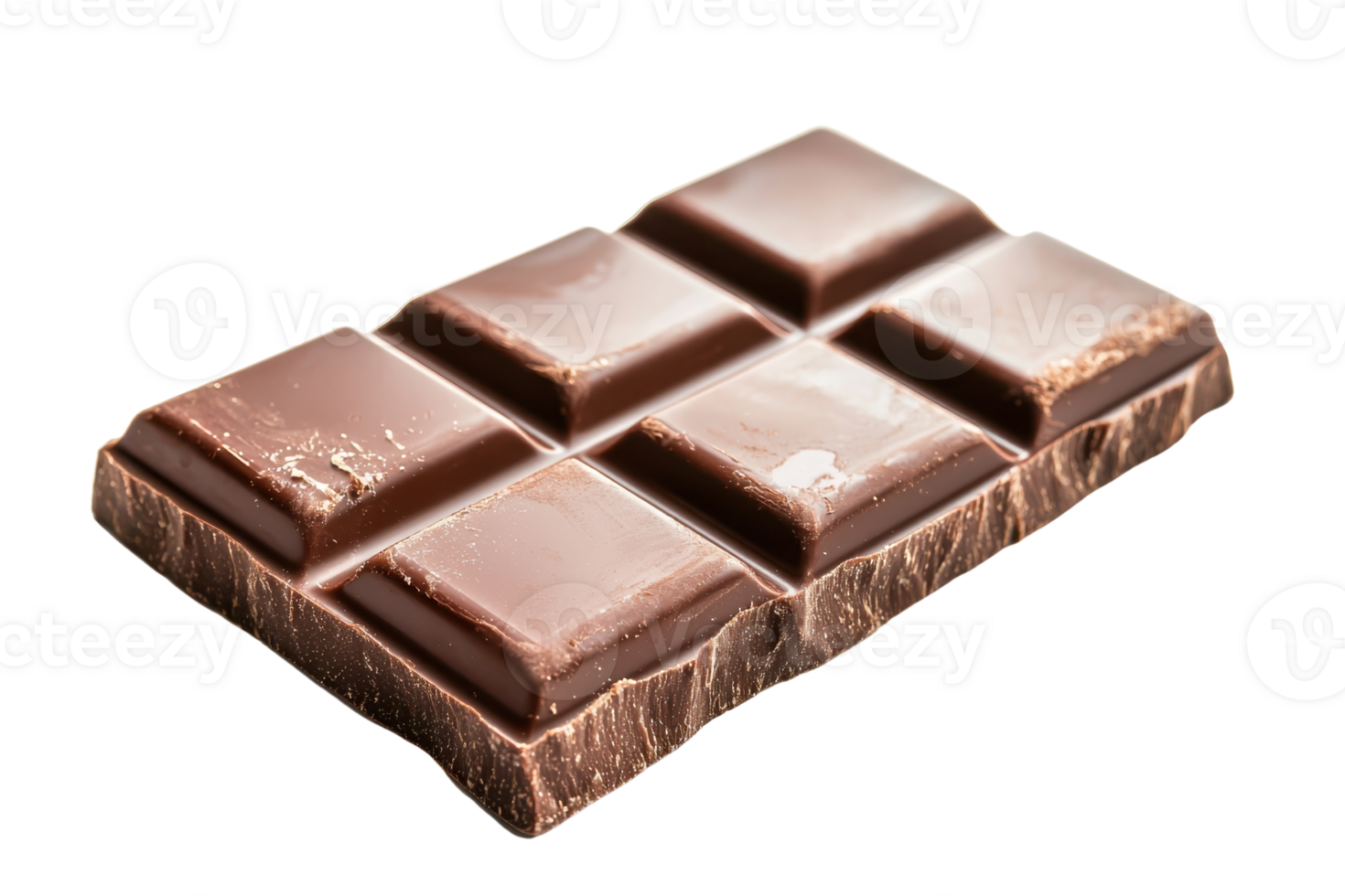 A rich, dark chocolate bar with distinct segments, showcasing its smooth texture and glossy finish. png