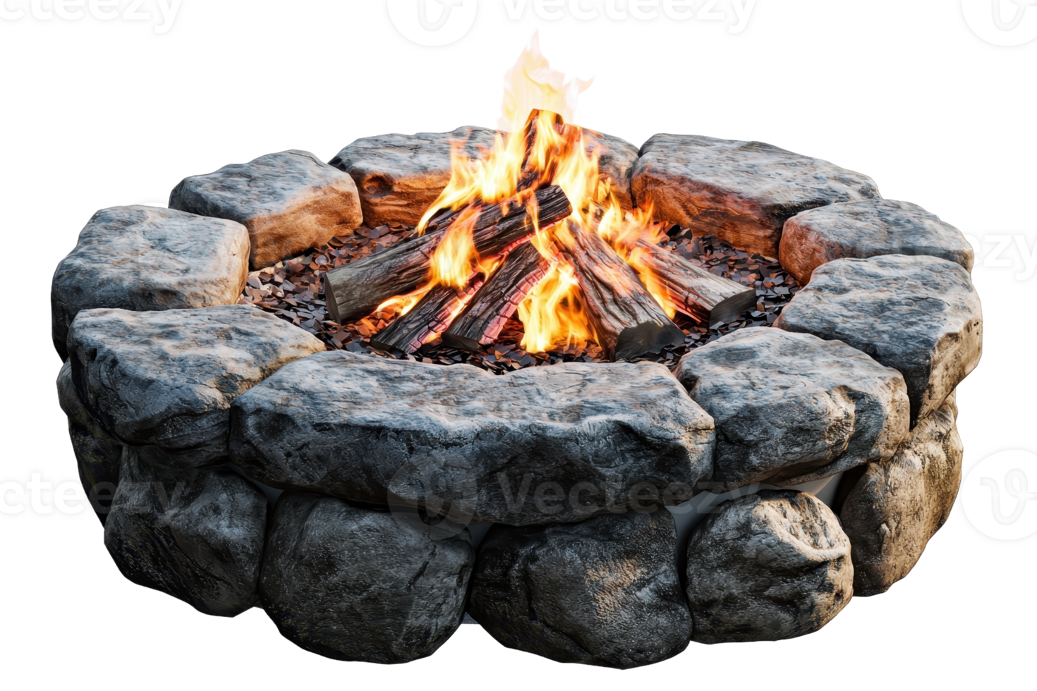 A circular stone fire pit with a vibrant flame burning brightly at its center. png