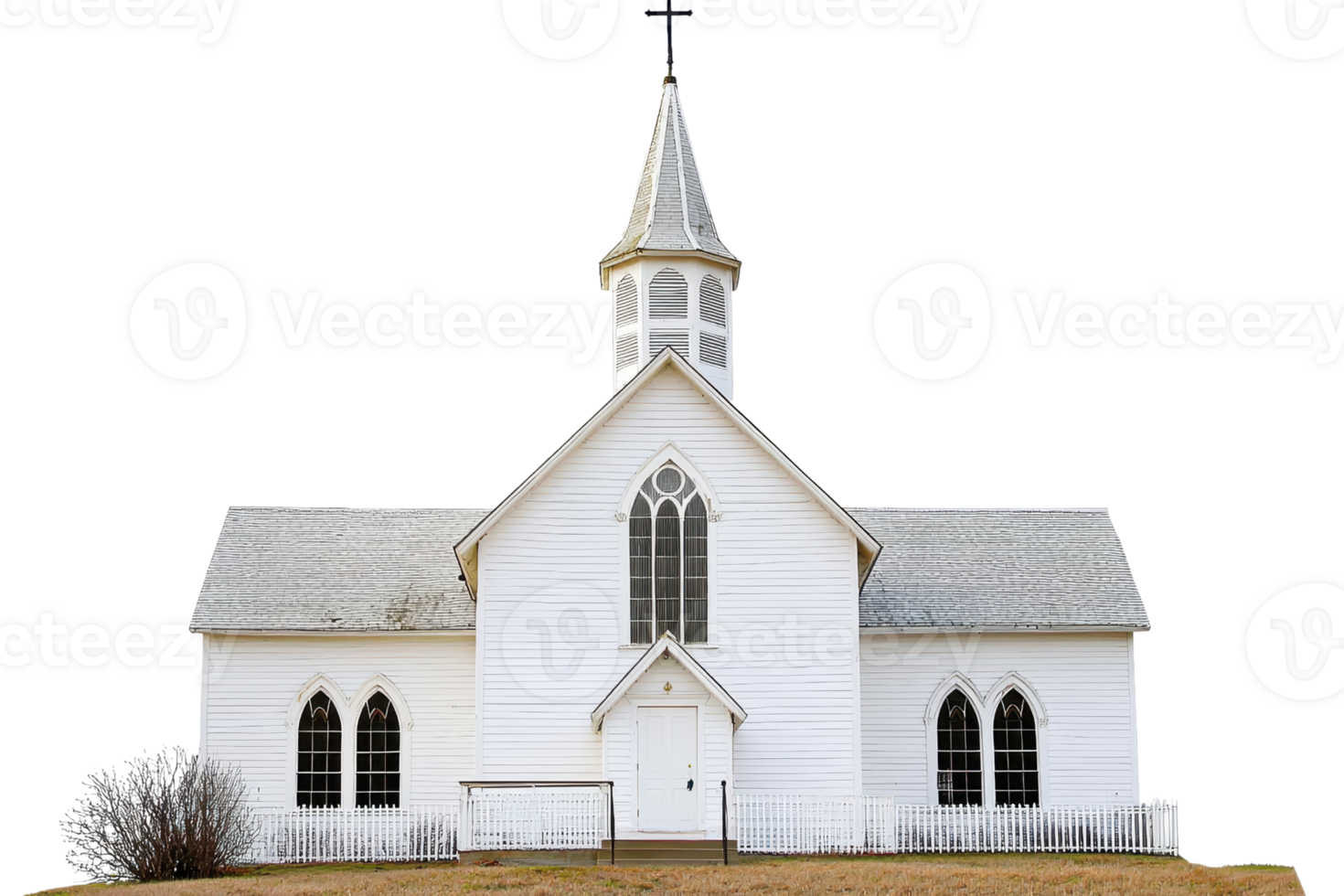A quaint white church featuring a tall steeple, arched windows, and a fenced yard, embodying classic architectural design. png