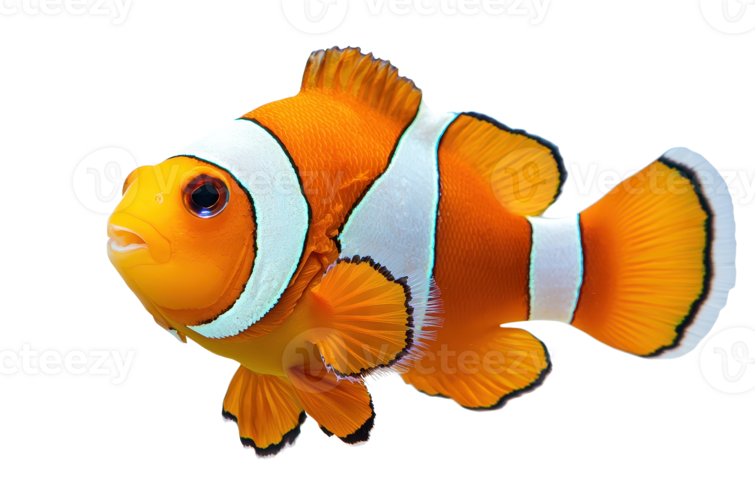 A vibrant orange clownfish with white stripes, showcasing its distinctive colors and features, swimming gracefully. png