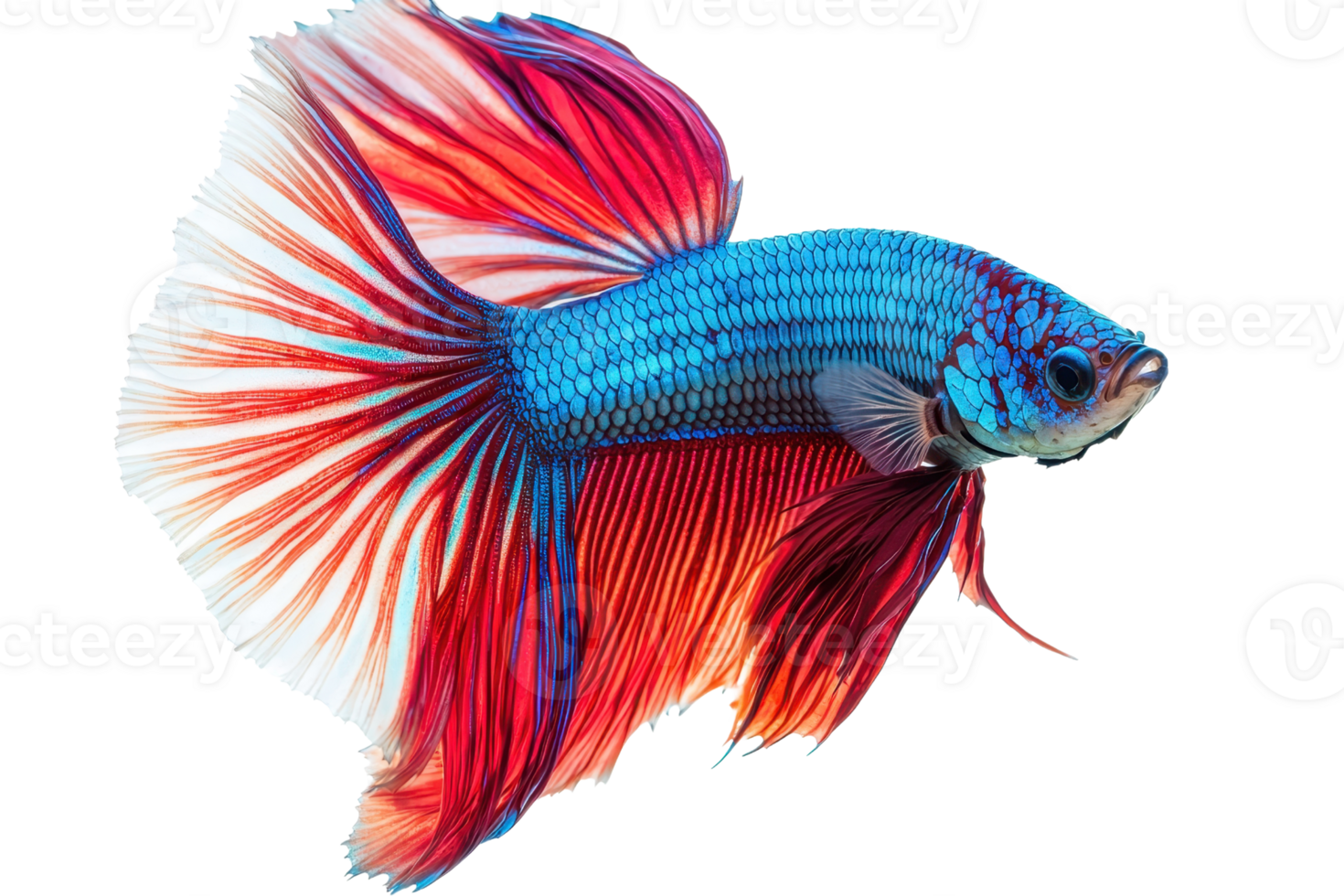A vibrant betta fish showcases brilliant blue and red colors with flowing fins and an elegant shape, highlighting its beauty and grace. png