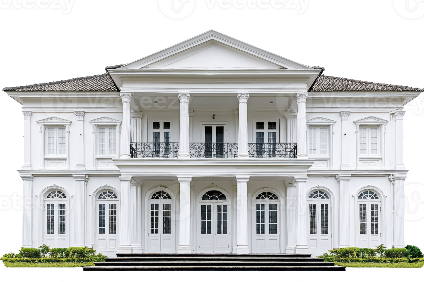 A grand, two-story white house featuring elegant columns, multiple windows, and a spacious balcony. png