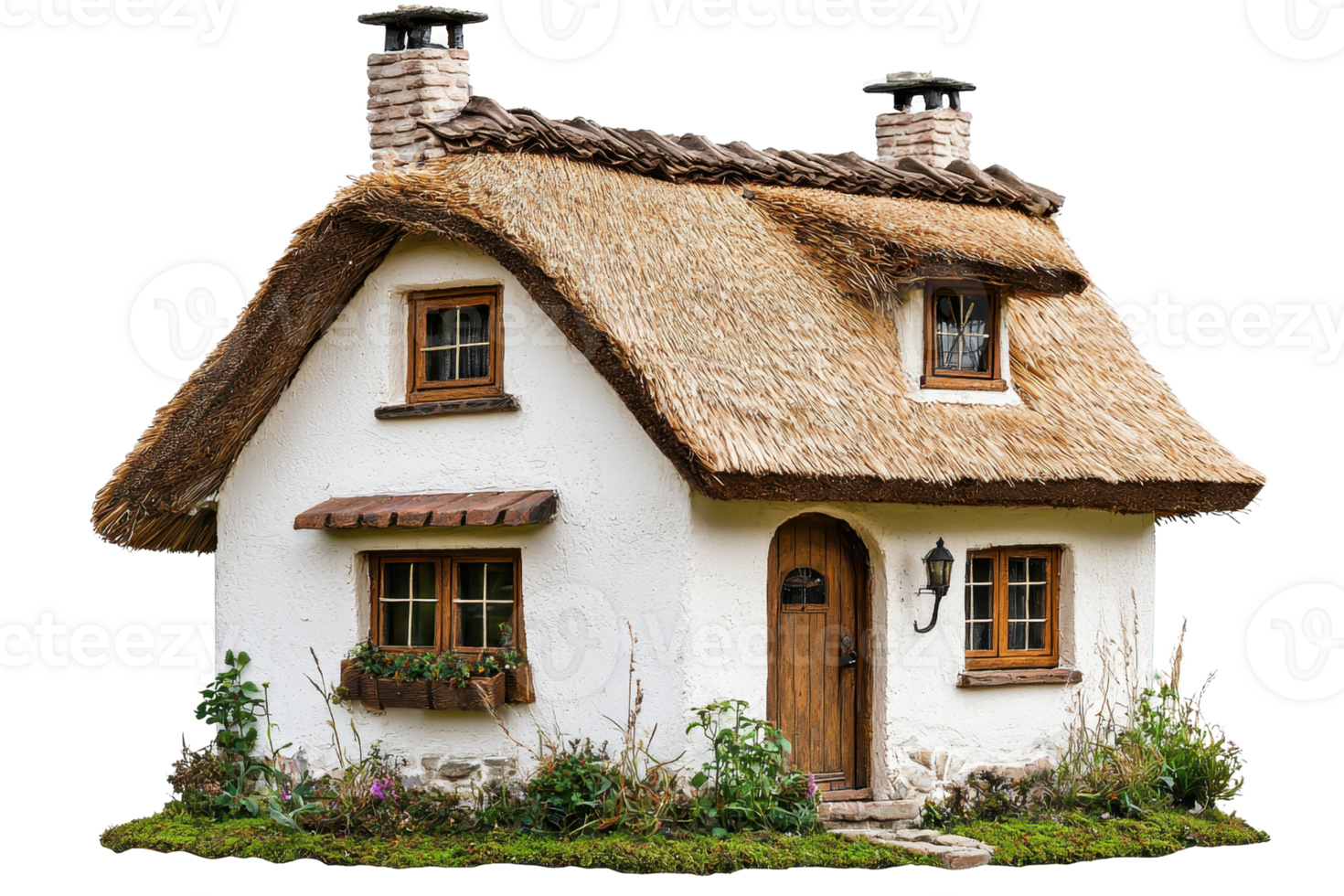 A charming cottage with a thatched roof, wooden windows, and a welcoming front door, surrounded by lush greenery. png