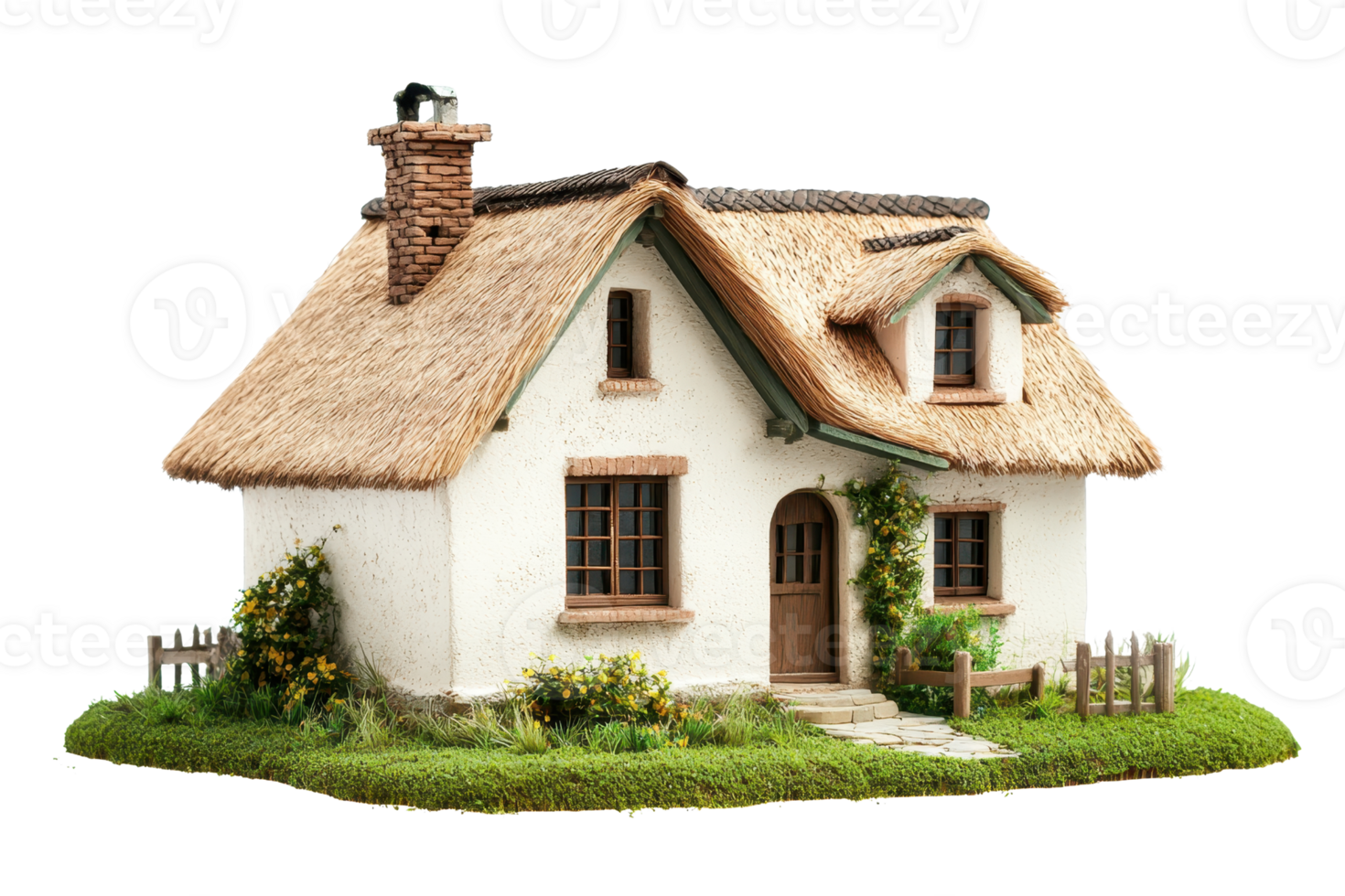 A charming cottage featuring a thatched roof, front door, windows, and surrounding greenery, embodying a cozy, rustic aesthetic. png
