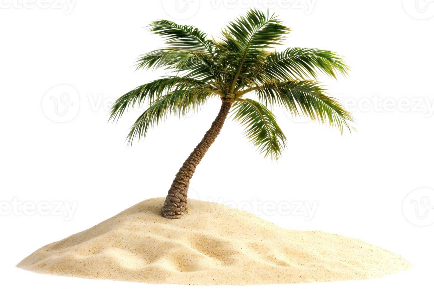 A solitary palm tree stands tall on a small sandy mound, showcasing vibrant green fronds against a dark backdrop. png