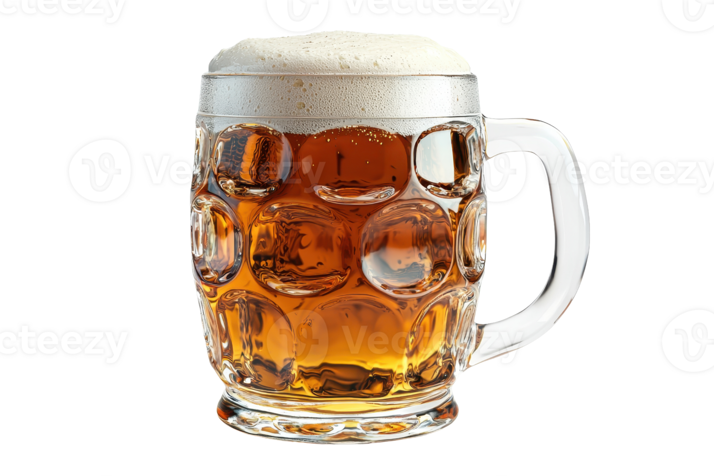 A frothy mug of golden beer with a textured glass design, showcasing its bubbly surface and rich color. png