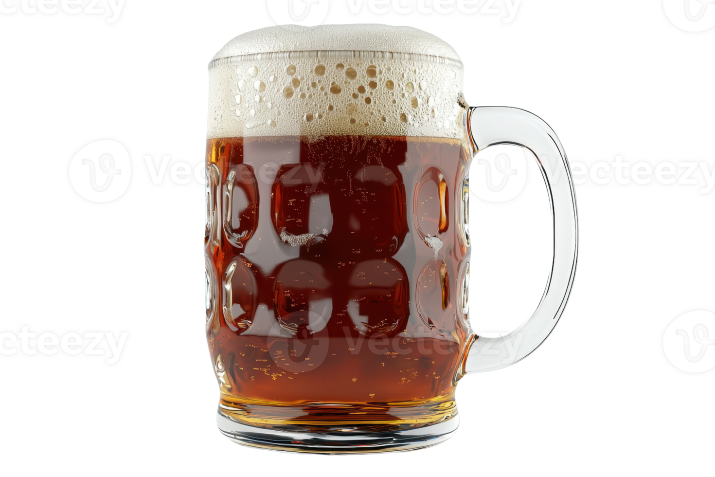 A frothy, dark amber beer served in a glass mug, showcasing bubbles and a rich texture. png