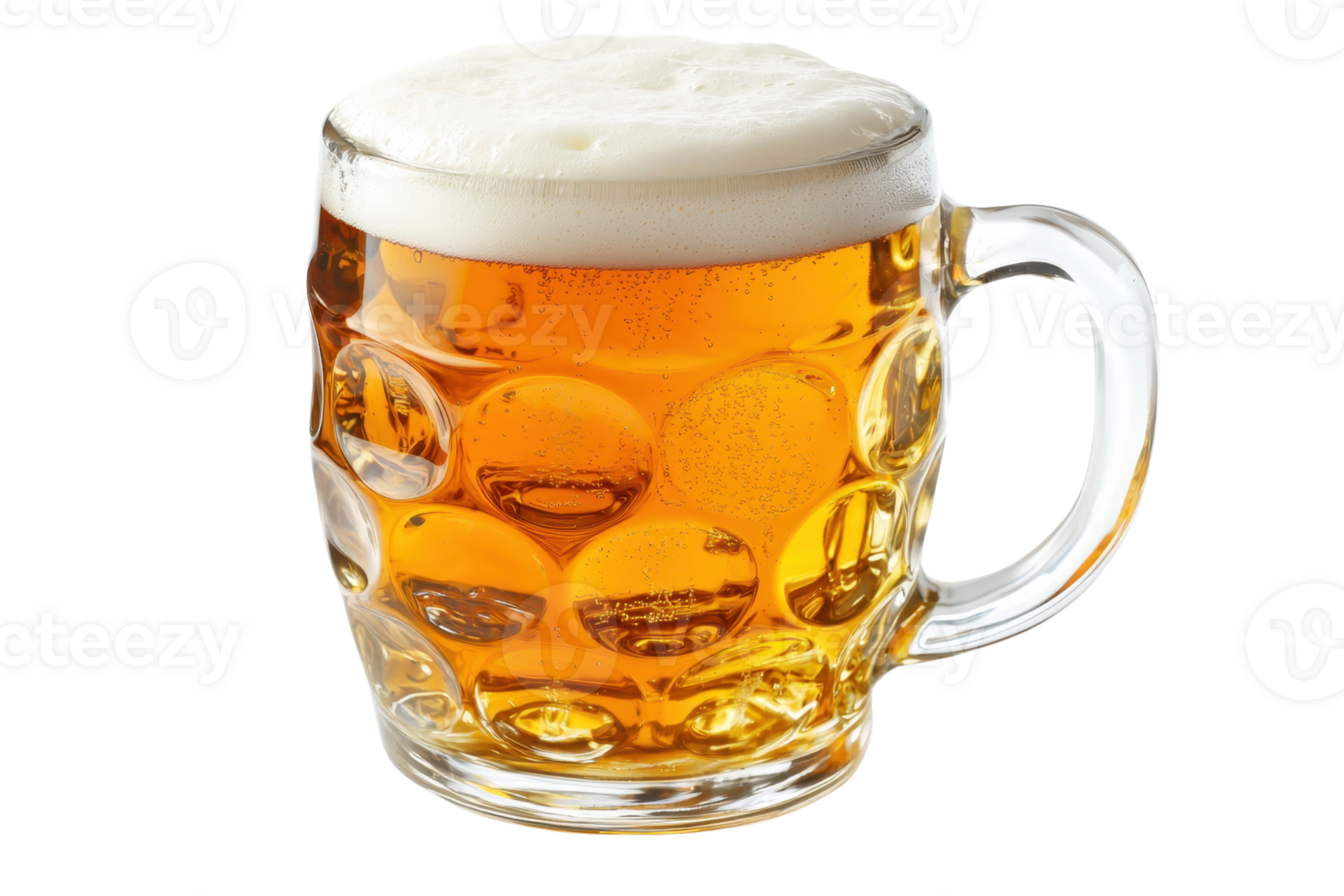 A frothy beer in a glass mug, showcasing a golden hue and bubbles. png