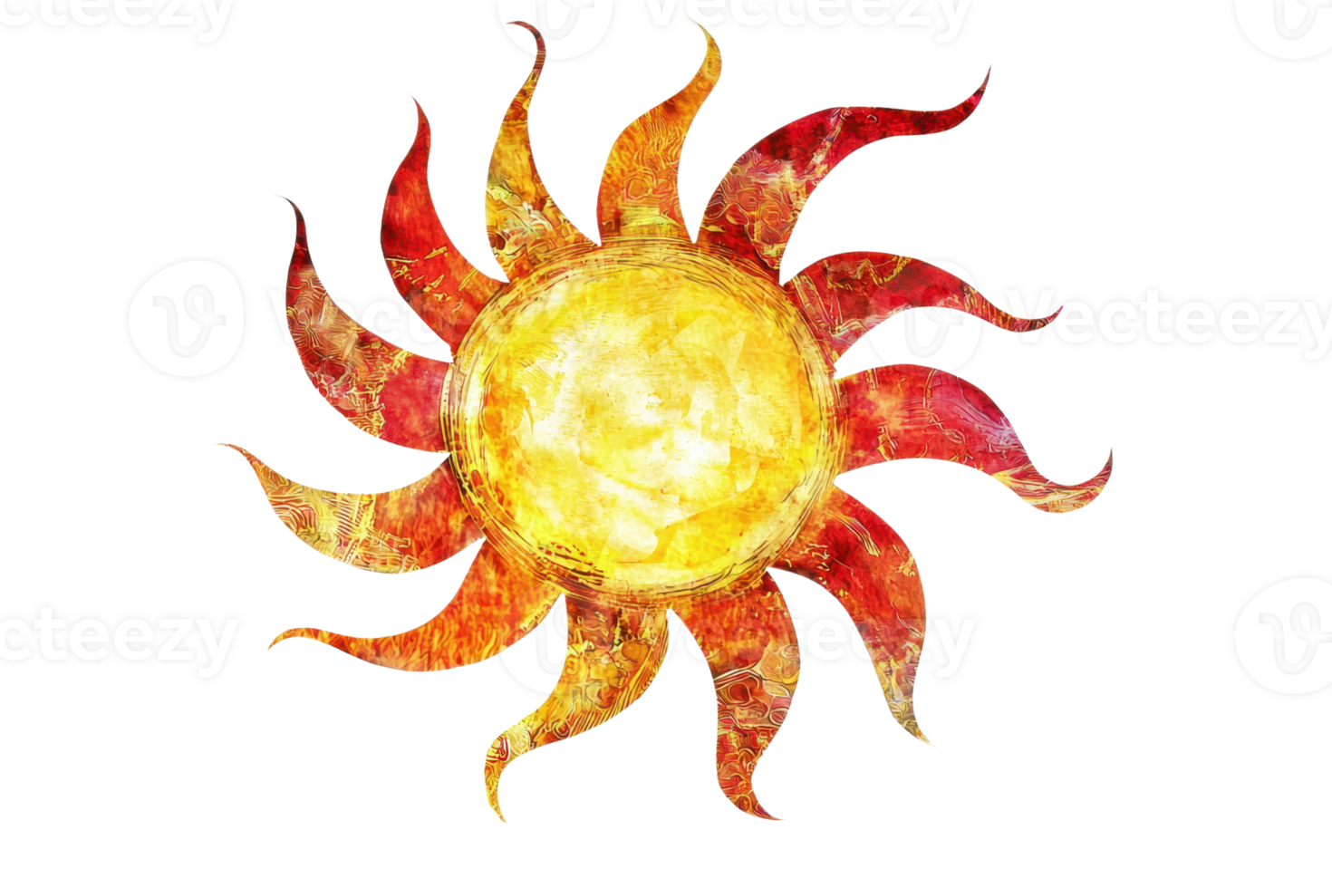 A vibrant sun symbol with swirling rays in shades of yellow, red, and orange, radiating warmth and energy. png