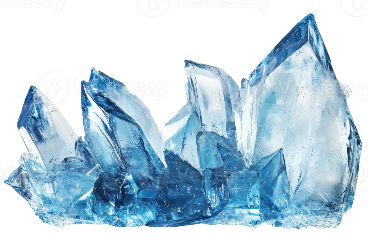 A cluster of jagged blue crystals with varying heights, showcasing sharp edges and a glossy surface. png