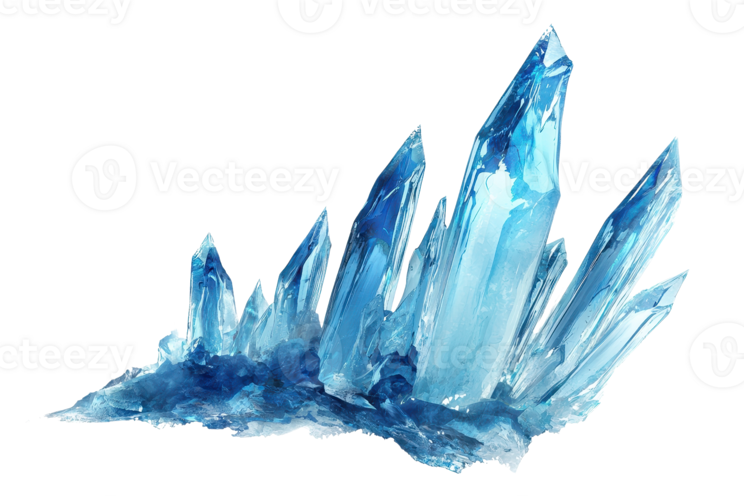 A cluster of sharp, glistening blue crystals with pointed tips, showcasing various shades of blue and a dynamic, jagged formation. png