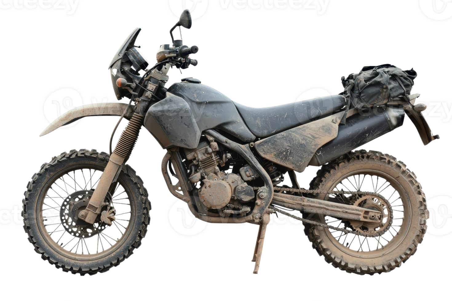 A rugged dirt bike covered in mud, showcasing its off-road capabilities and adventure-ready design. png