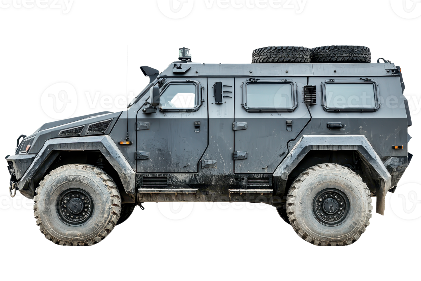 An armored military vehicle with oversized tires and a rugged design, showcasing durability and off-road capability. png