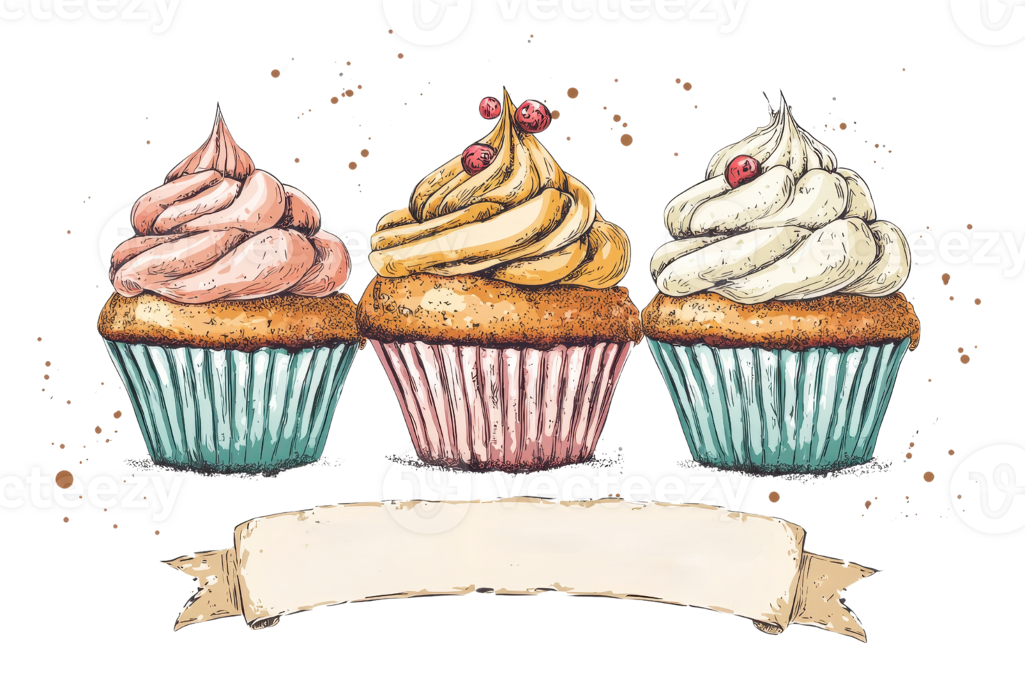 Three colorful cupcakes with swirls of frosting, topped with small decorative elements, displayed in a row. png