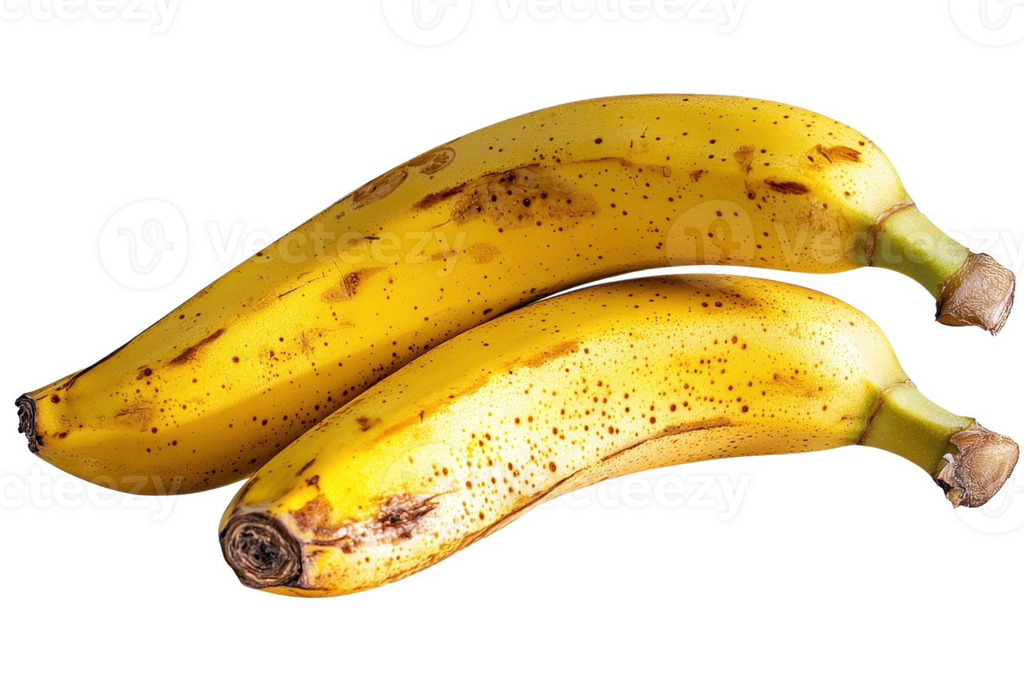Two ripe bananas with a yellow peel, showcasing natural spots and curves, positioned close to each other. png