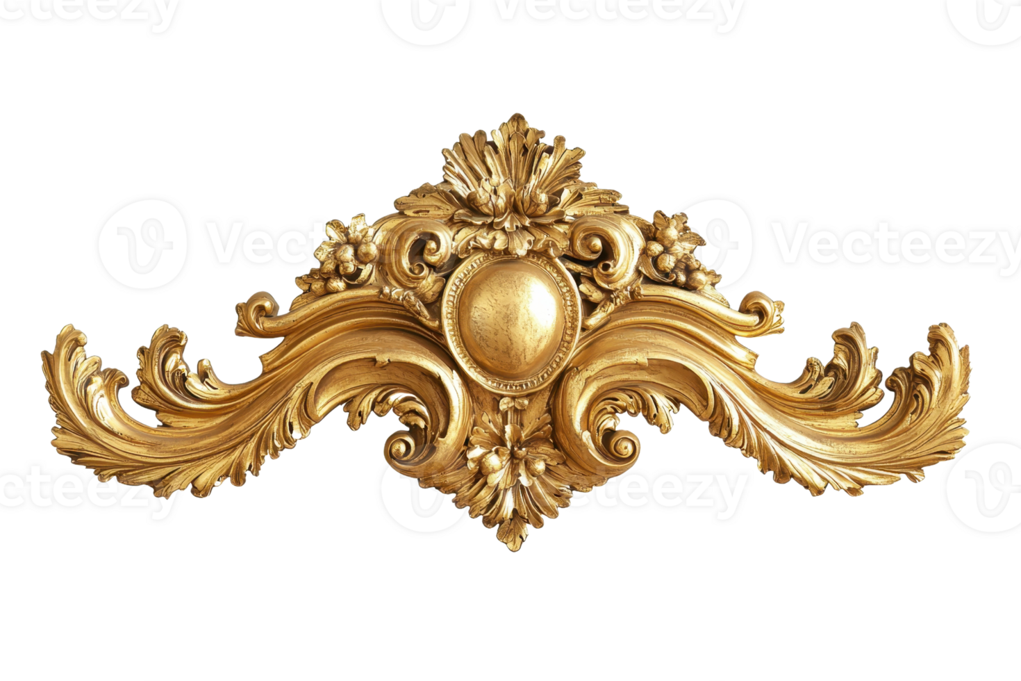 Ornate gold decoration featuring intricate floral designs and a central orb, embodying elegance and craftsmanship. png